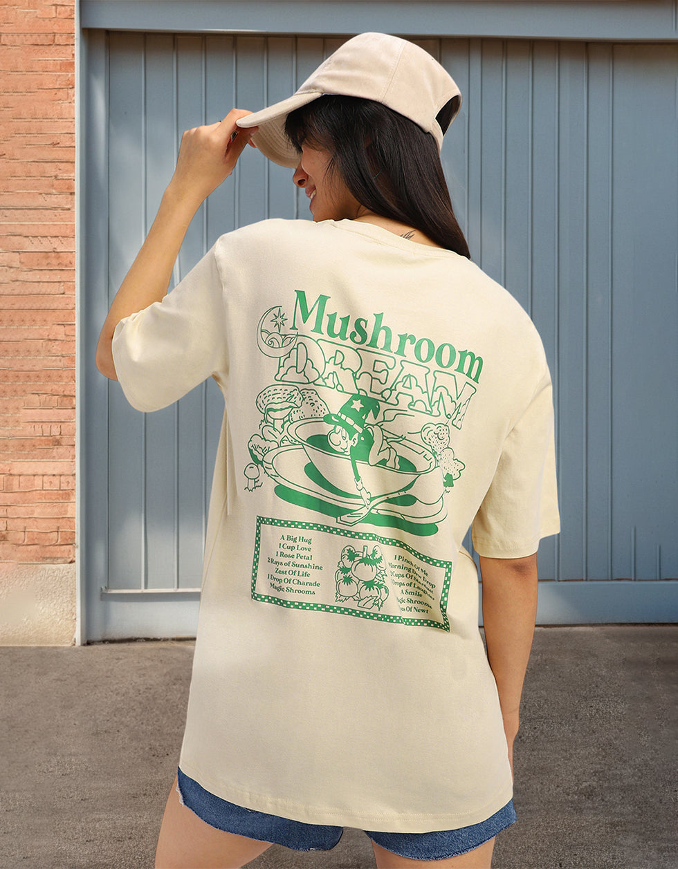 Mushroom Swan White Graphic Printed Oversized T-Shirt