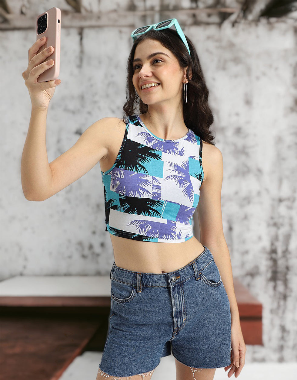 White Printed Round Neck Cropped Tank Top