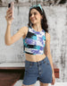 White Printed Round Neck Cropped Tank Top