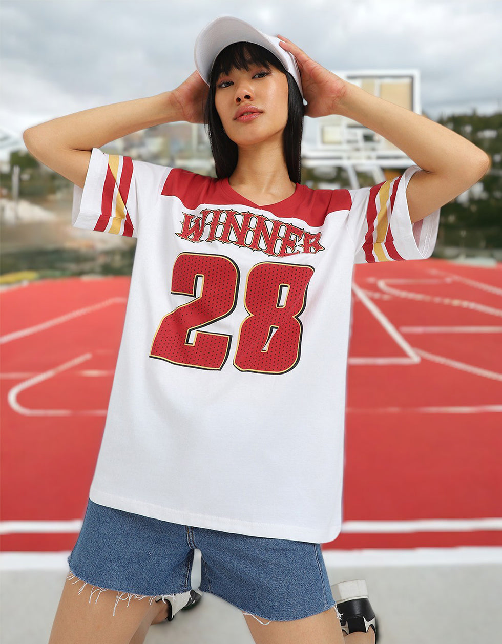 Winner White Graphic Printed Oversized T-Shirt
