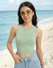 Green Floral Printed Round Neck Cropped Tank Top