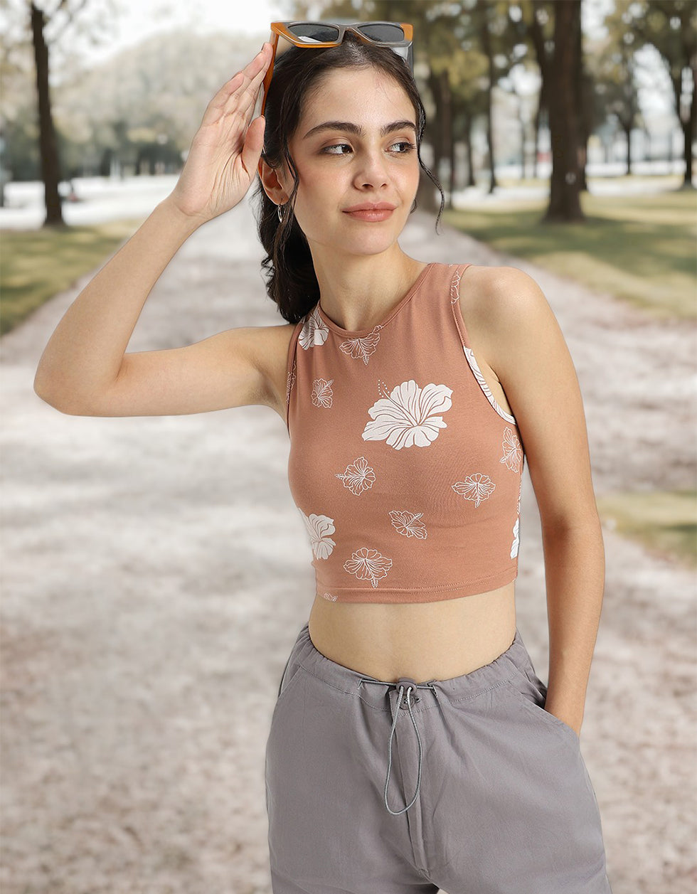 Brown Floral Printed Round Neck Cropped Tank Top