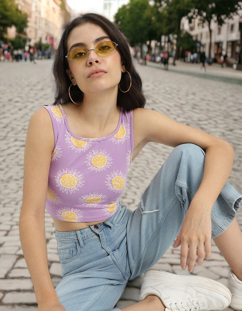 Lilac Printed Square Neck Cropped Tank Top