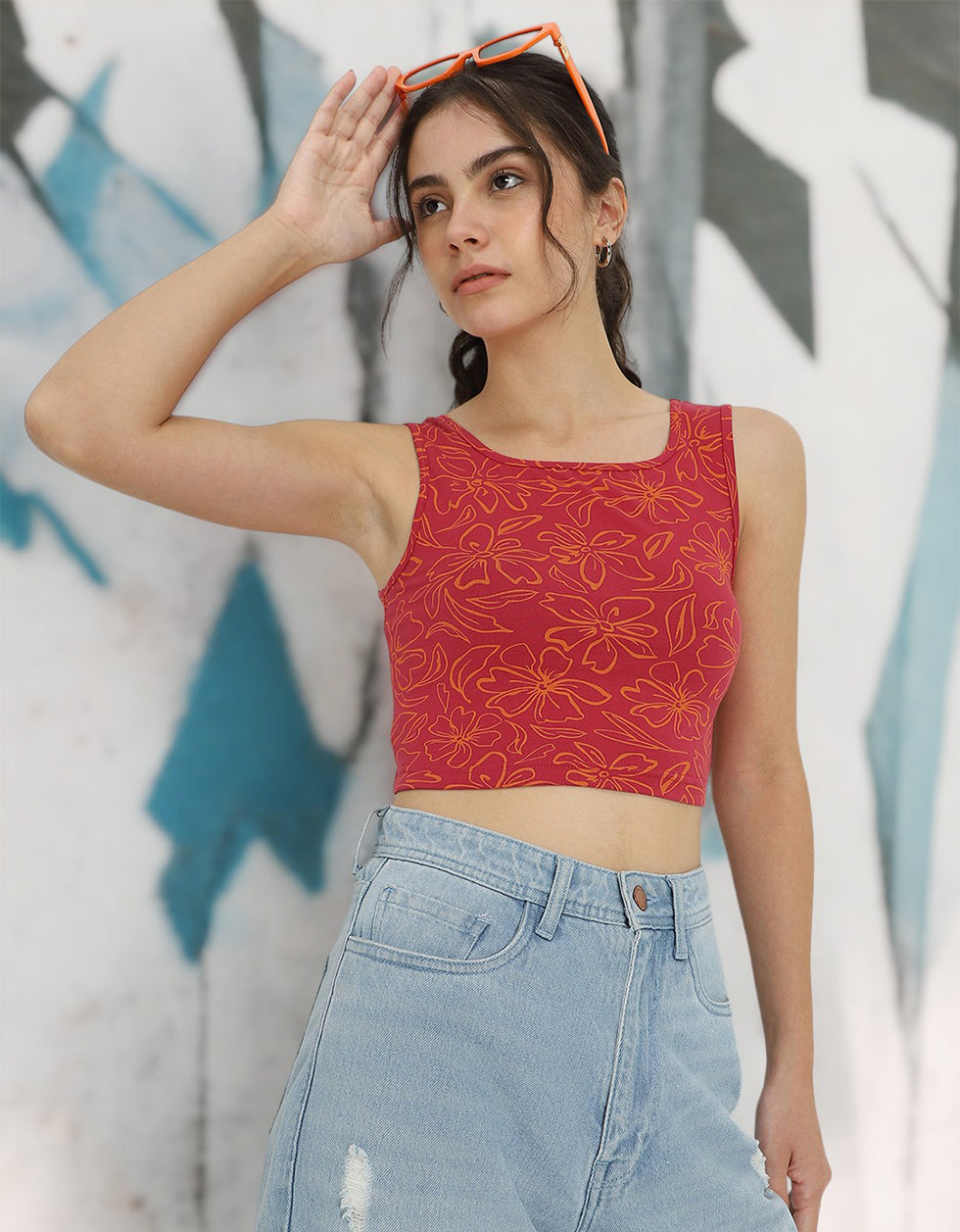 Viva Magenta Printed Square Neck Cropped Tank Top