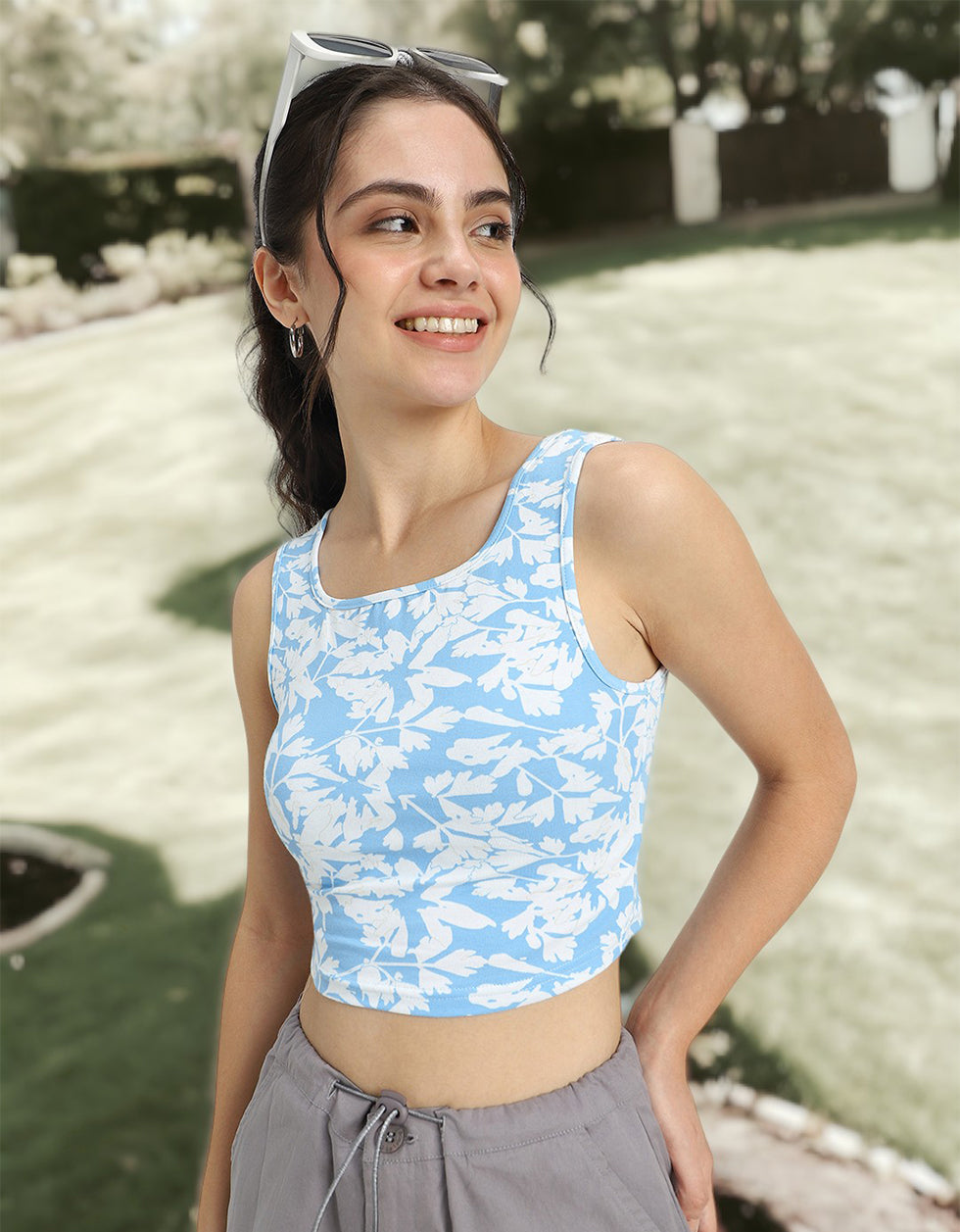 Blue Floral Printed Square Neck Cropped Tank Top