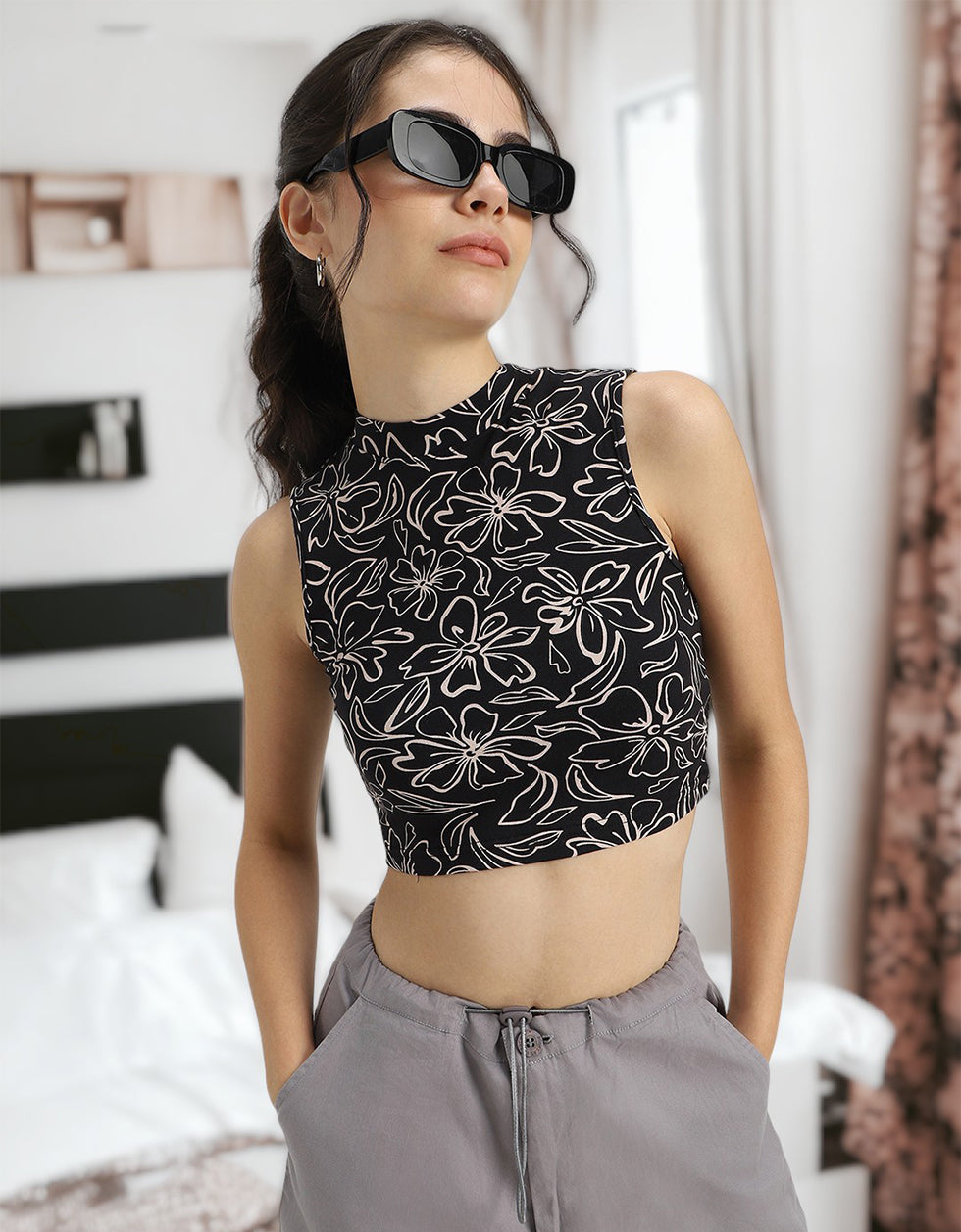 Black Floral Printed High Neck Cropped Tank Top
