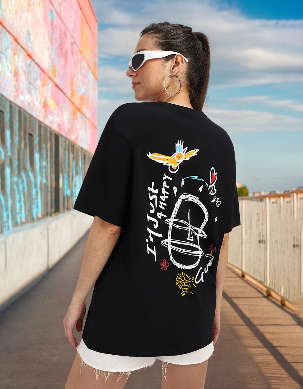 Happy Guy Black Graphic Printed Oversized T-Shirt