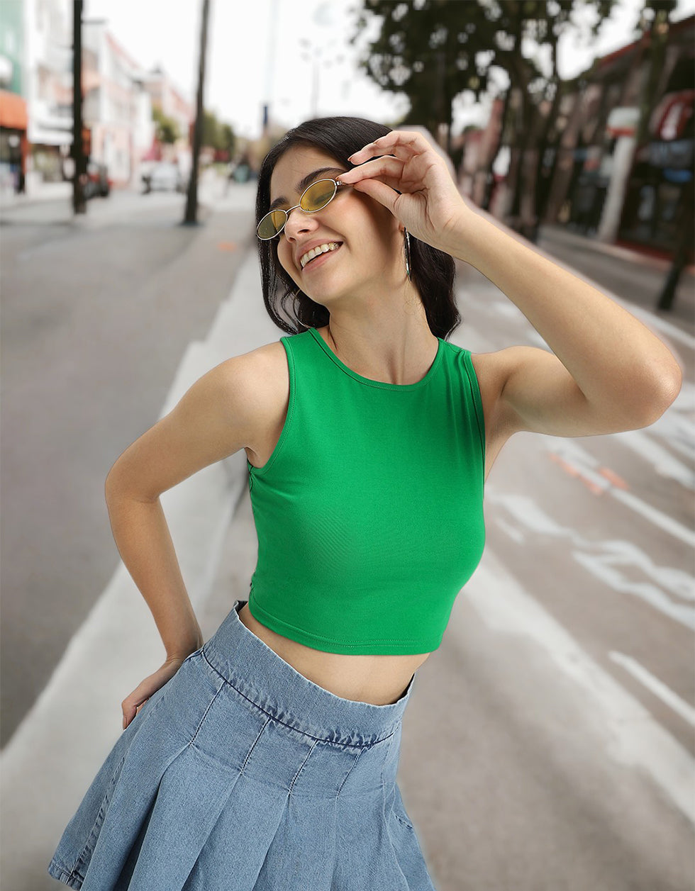 Green Plain Round Neck Cropped Tank Top