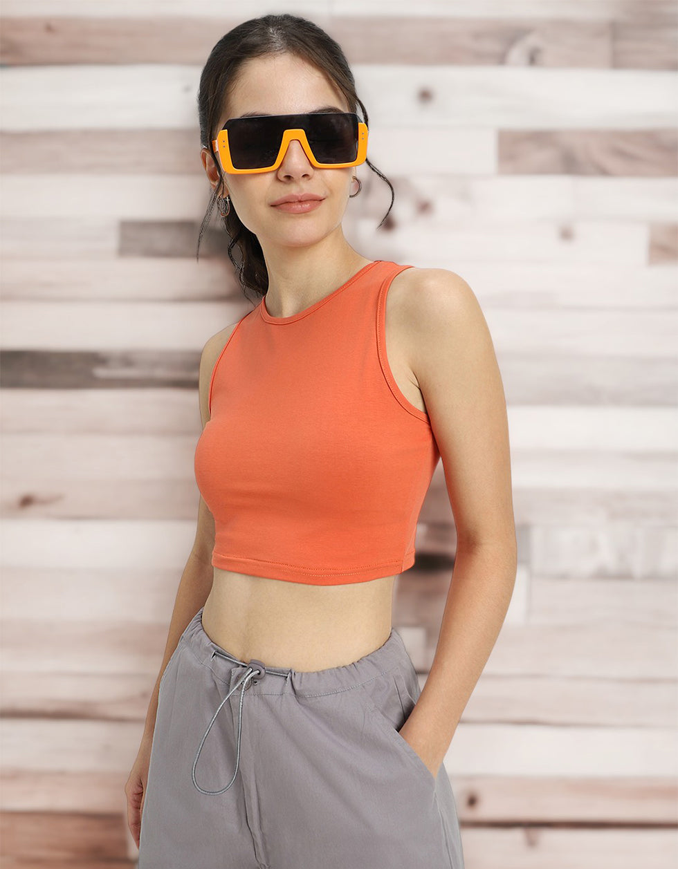Orange Plain Round Neck Cropped Tank Top