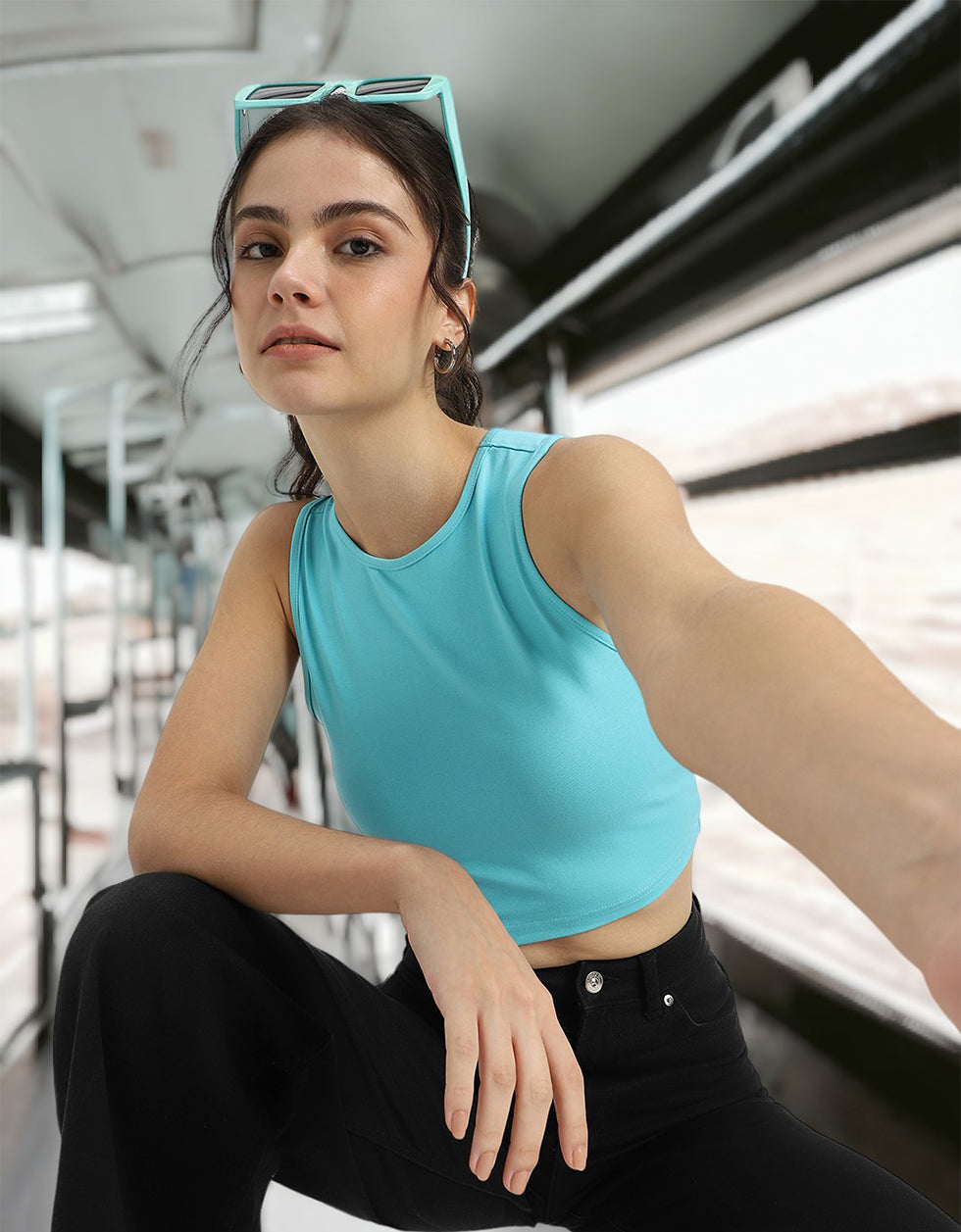 Blue Radiance Plain Round Neck Cropped Tank Top