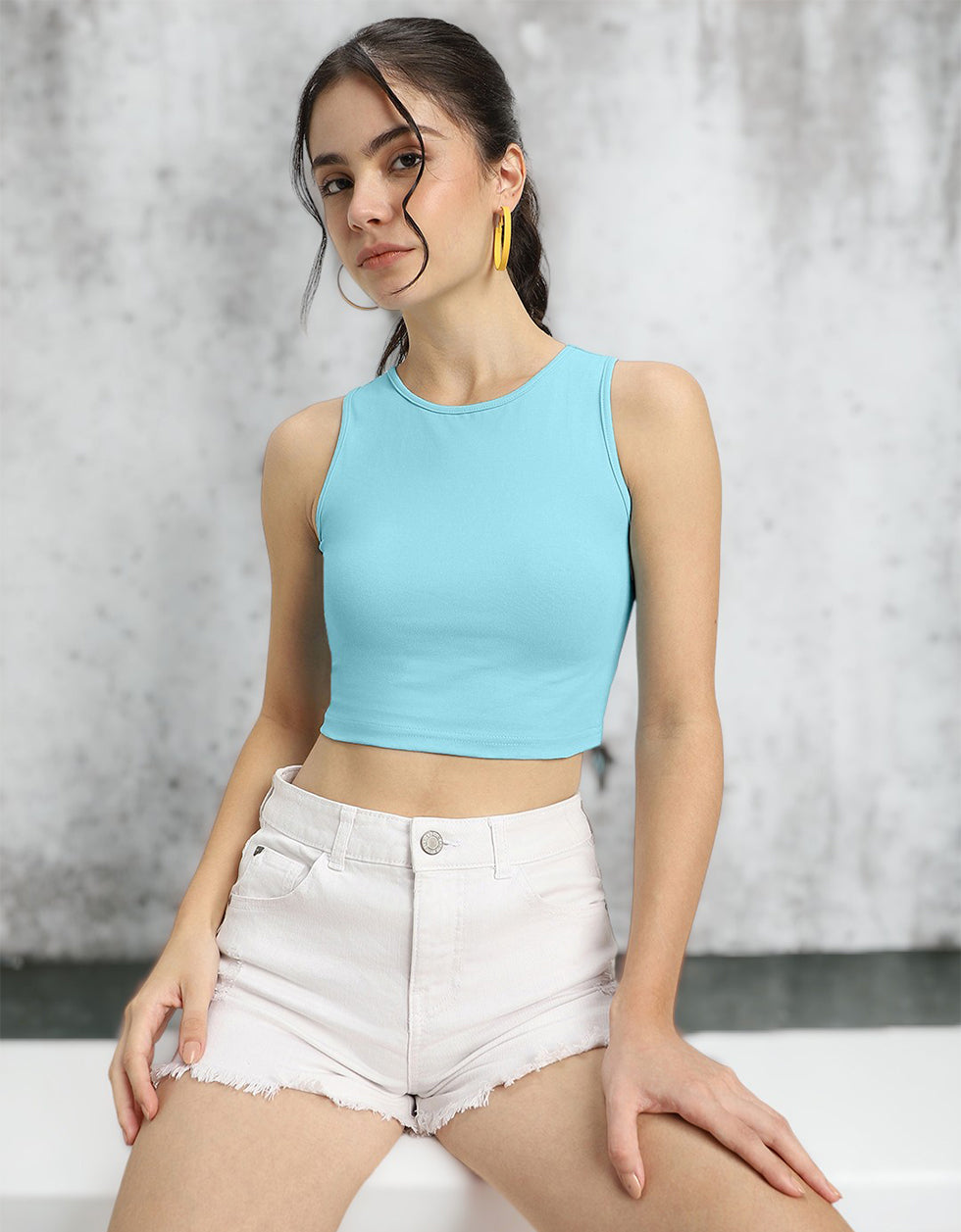 Ice Blue Plain Round Neck Cropped Tank Top