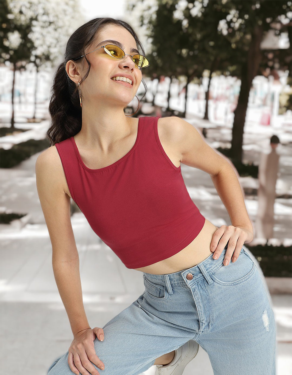 Viva Magenta Plain Square Neck Cropped Tank Top