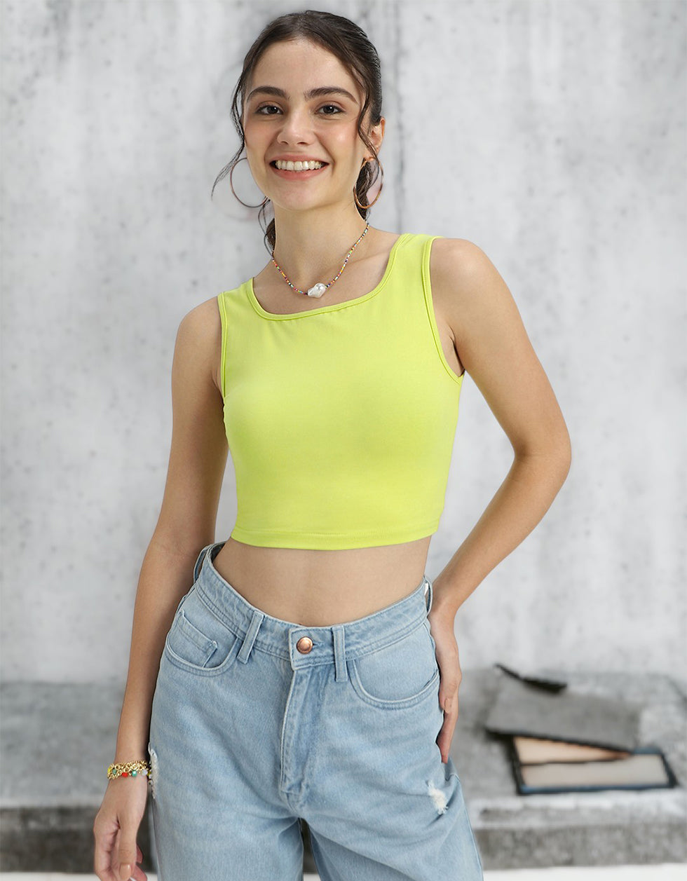 Lime Green Plain Square Neck Cropped Tank Top