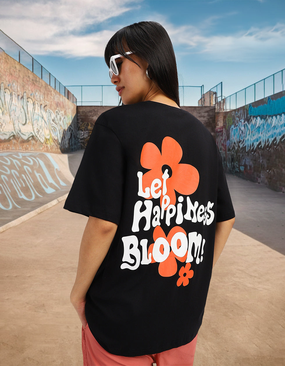 Let Happiness Bloom Black Graphic Printed Oversized T-Shirt
