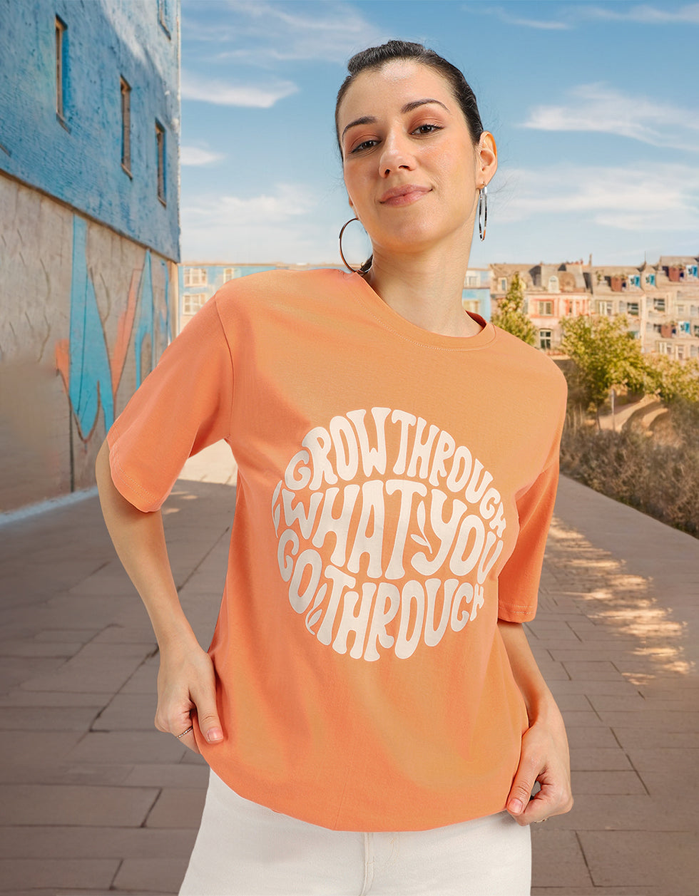 Grow Through Orange Graphic Printed Oversized T-Shirt