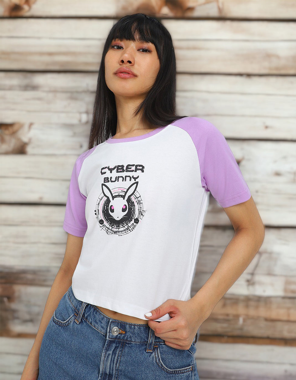 Cyber Bunny White Graphic Printed Crop-Top