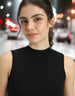 Black Solid High Neck Cropped Tank Top
