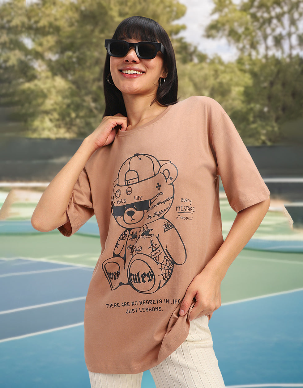 Break Rules Beige Graphic Printed Oversized T-Shirt