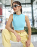 Sky Blue Plain High Neck Cropped Tank Top