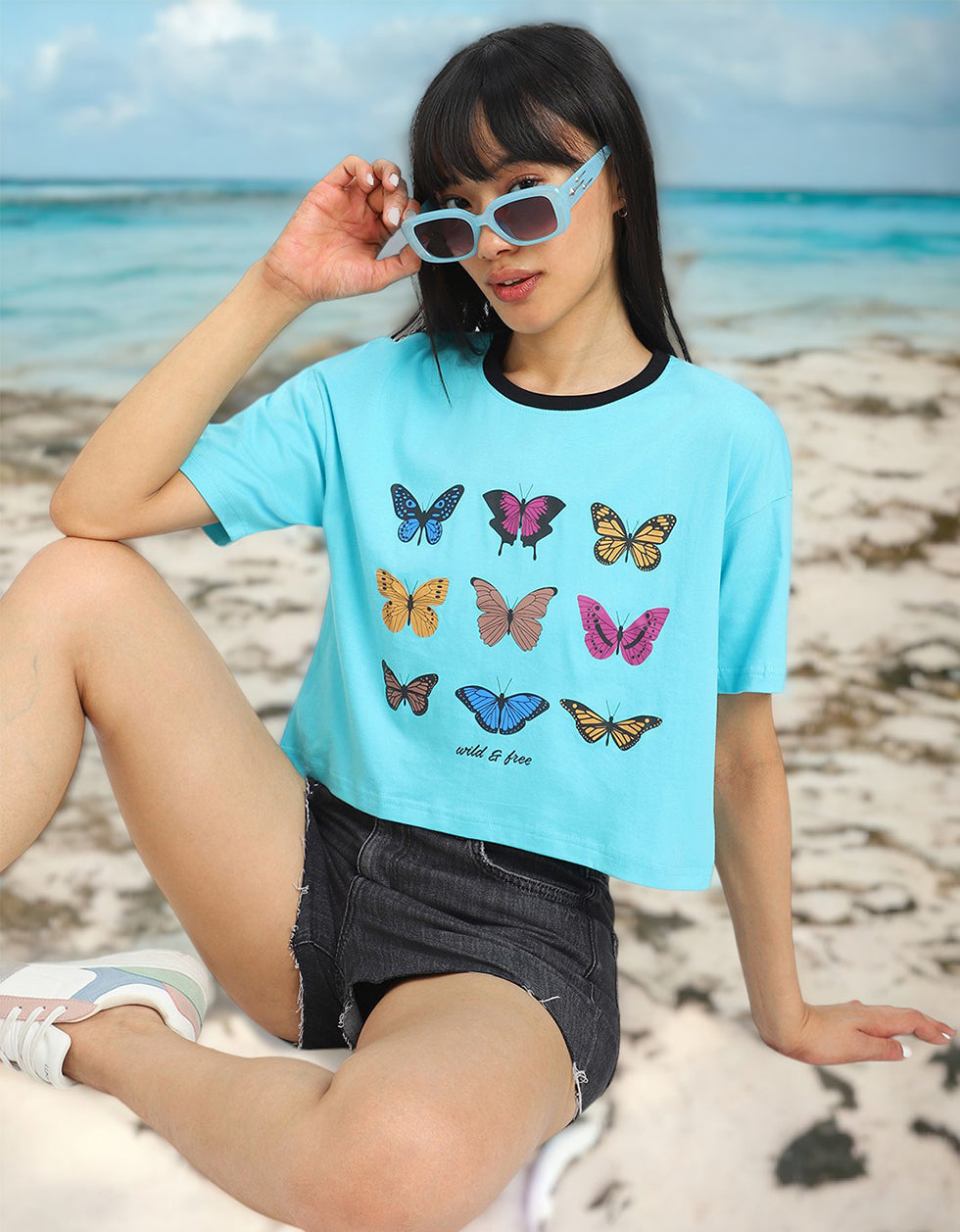 Wild & Free Blue Graphic Printed Crop-Top