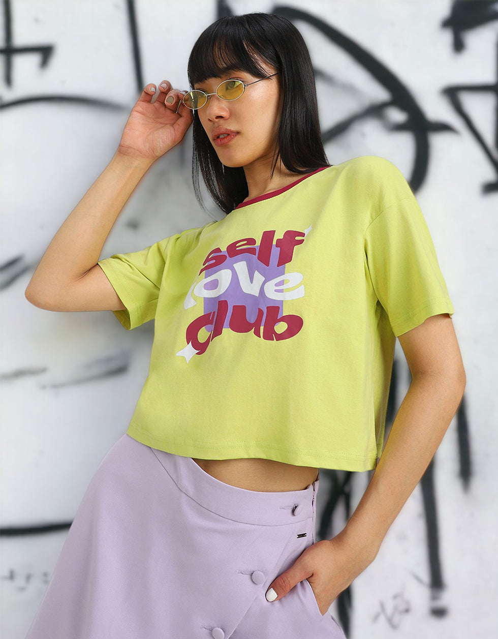 Self Love Club Yellow Graphic Printed Crop-Top