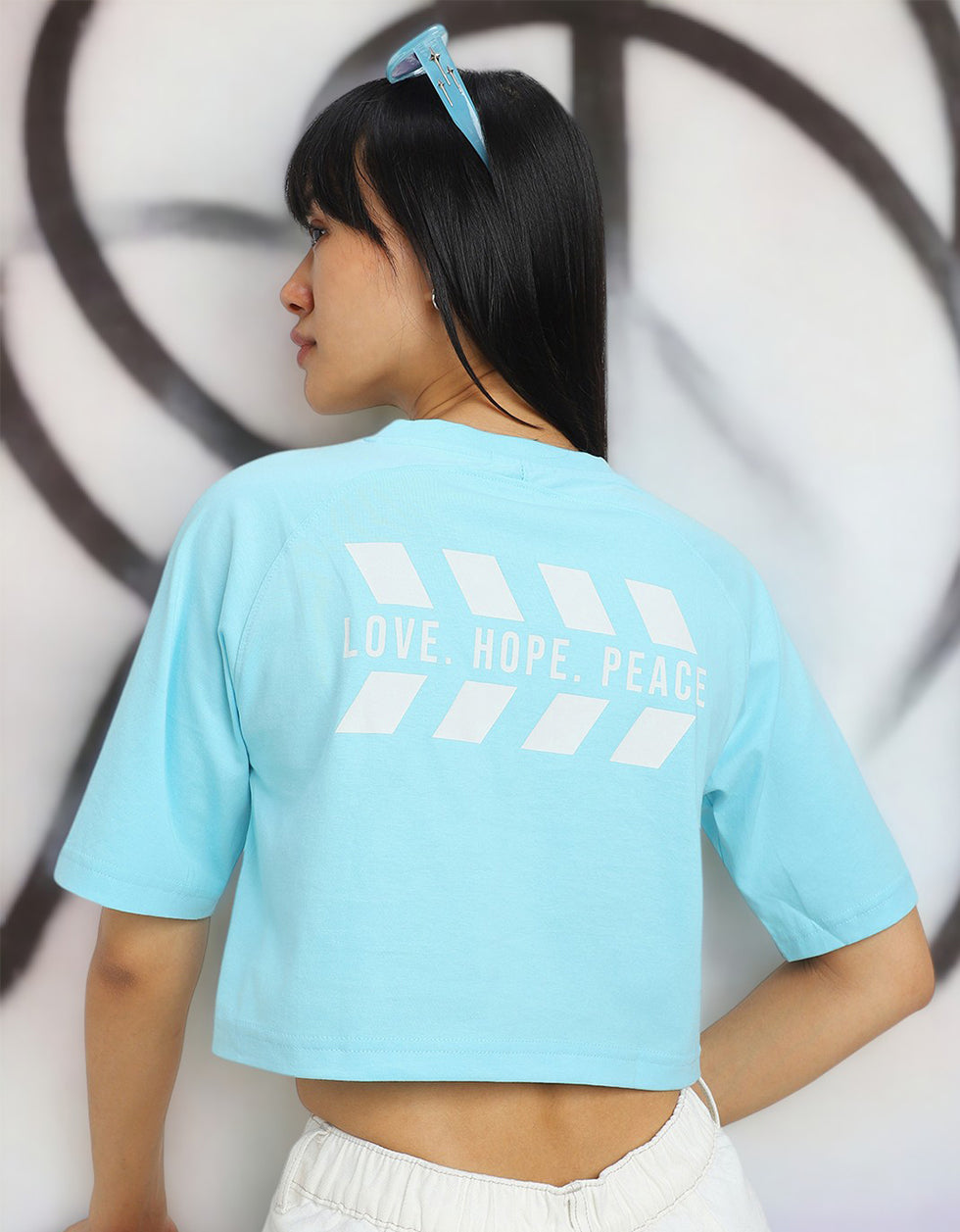 Love Hope Peace Blue Graphic Printed Crop-Top