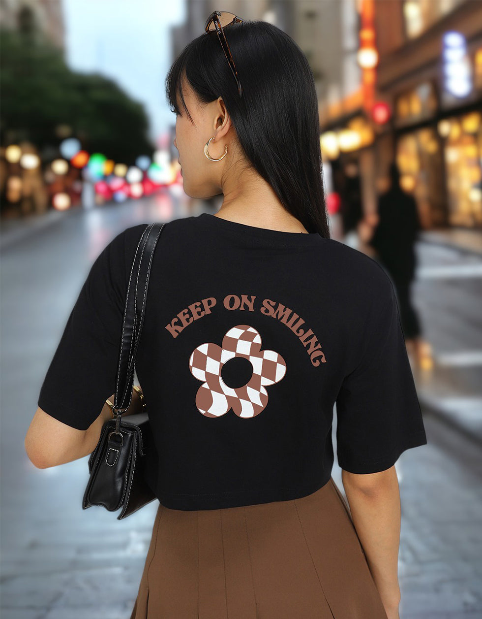 Keep On Smiling Black Graphic Printed Crop-Top