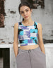 White & Blue Printed Square Neck Cropped Tank Top
