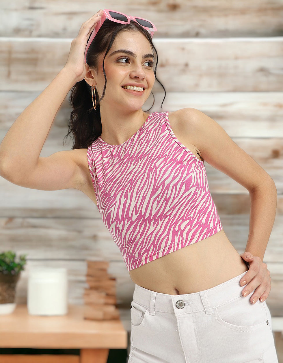 Pink Printed Round Neck Neck Cropped Tank Top