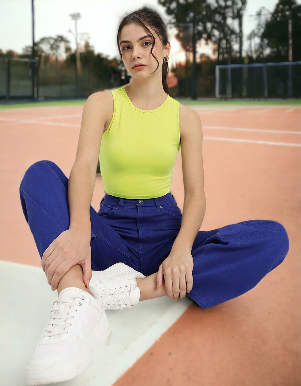 Lime Green Plain Round Neck Cropped Tank Top