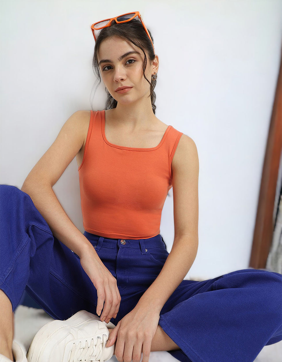 Orange Plain Square Neck Cropped Tank Top