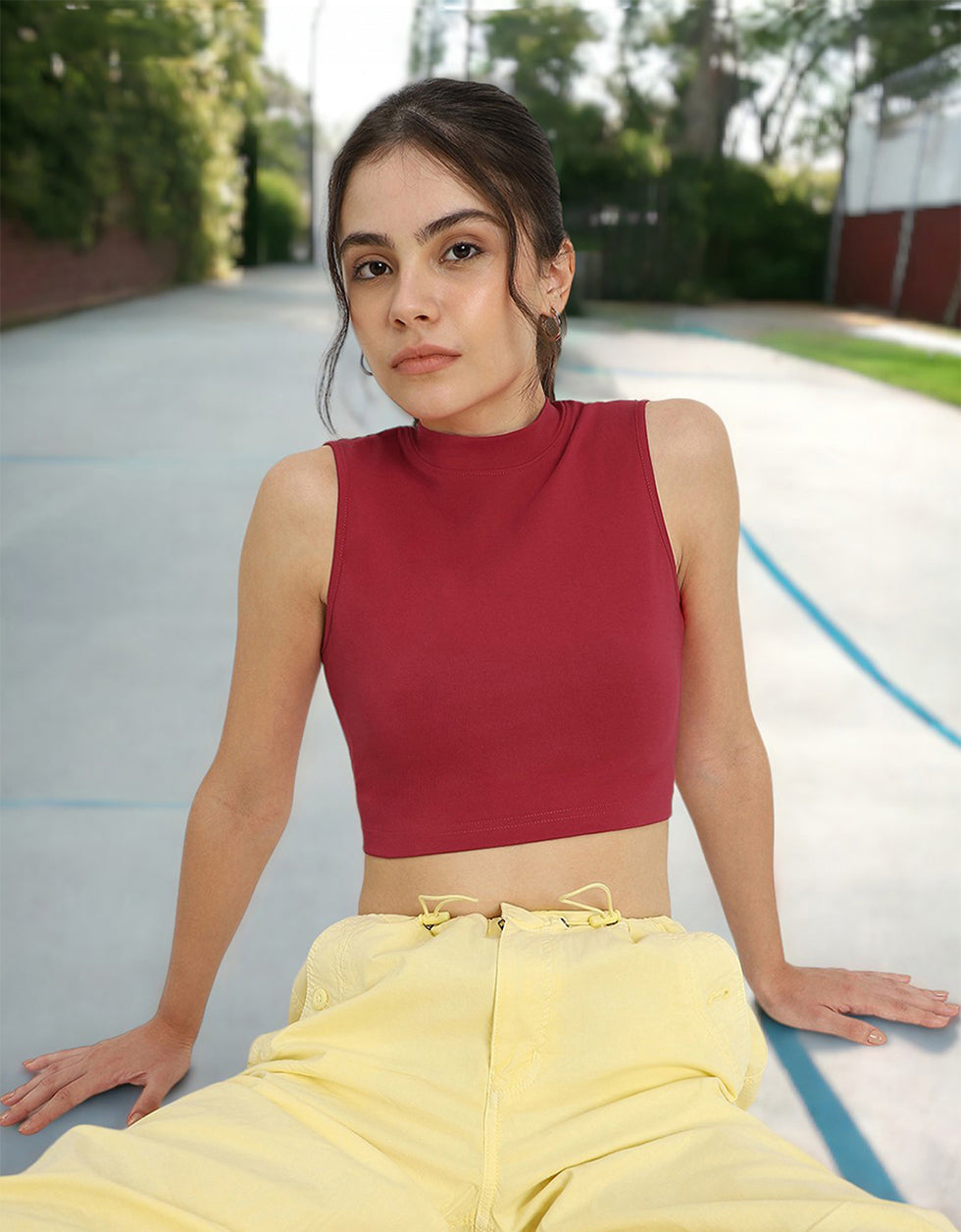 Viva Magenta Plain High Neck Cropped Tank Top