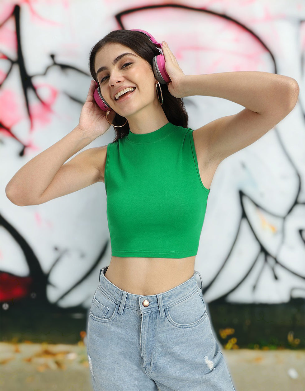 Green Plain High Neck Cropped Tank Top