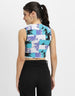 White & Blue Printed High Neck Cropped Tank Top