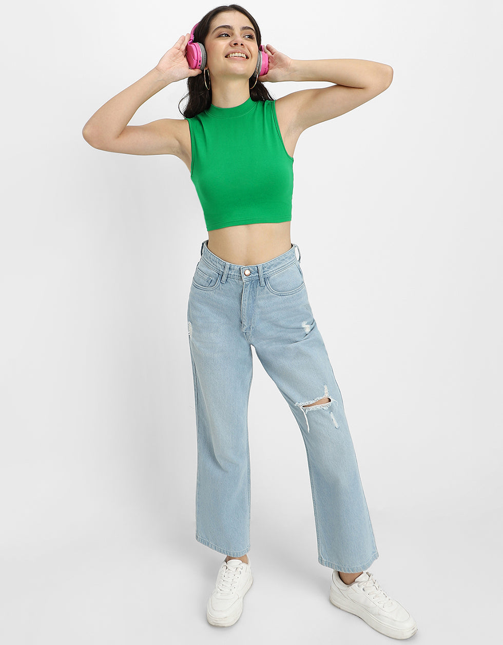 Green Plain High Neck Cropped Tank Top