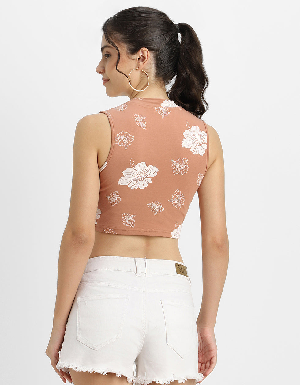 Brown Printed High Neck Cropped Tank Top