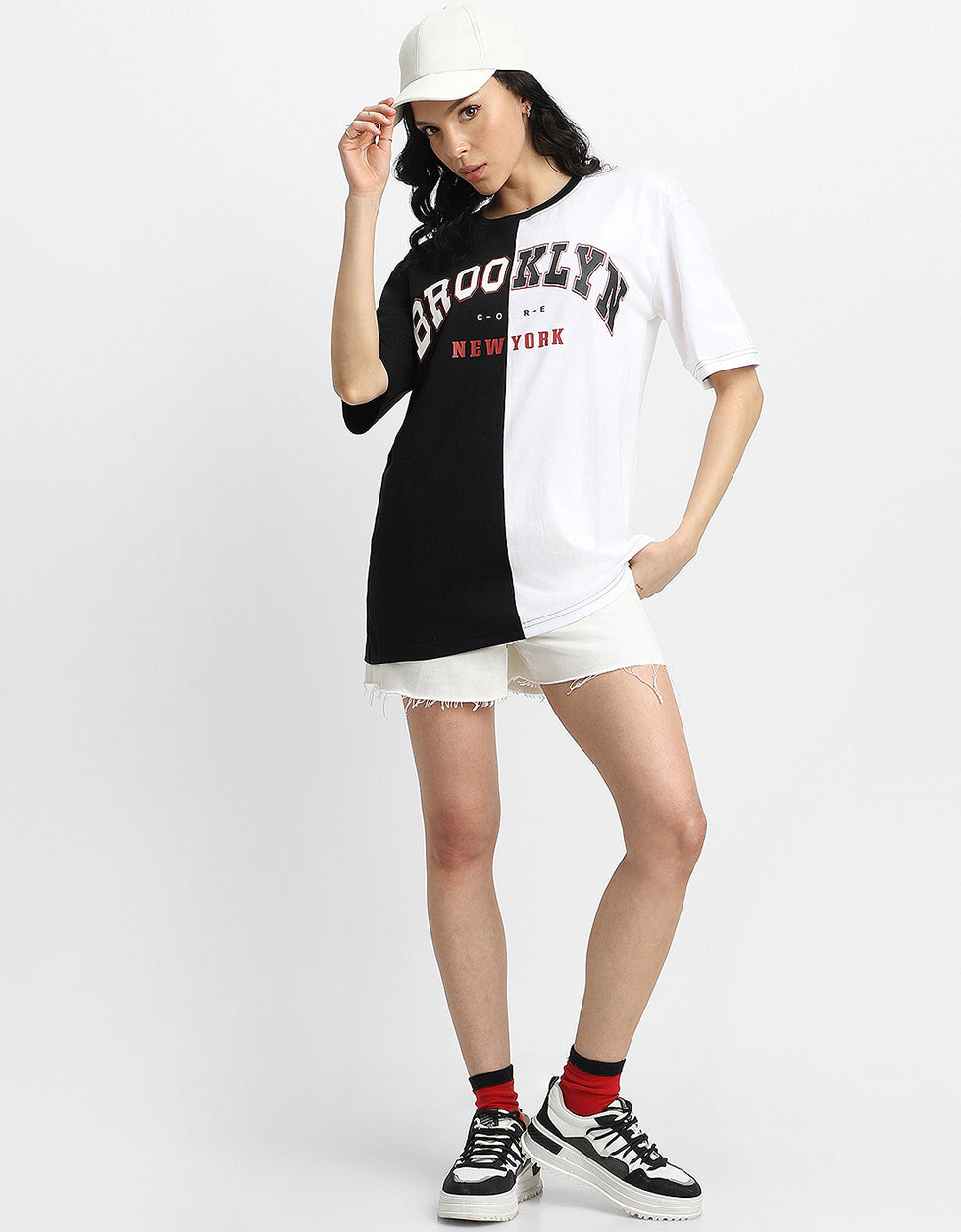 Brooklyn Black & White Graphic Printed Oversized T-Shirt