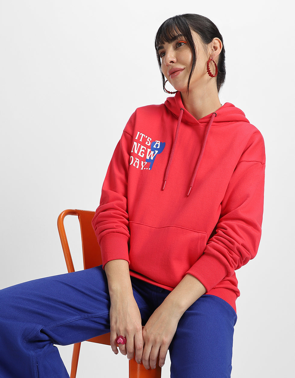 It's A New Day Printed Magenta Oversized Hoodie
