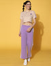 Beige Placement Printed V-Neck Crop Top With Trouser Co-Ords Set