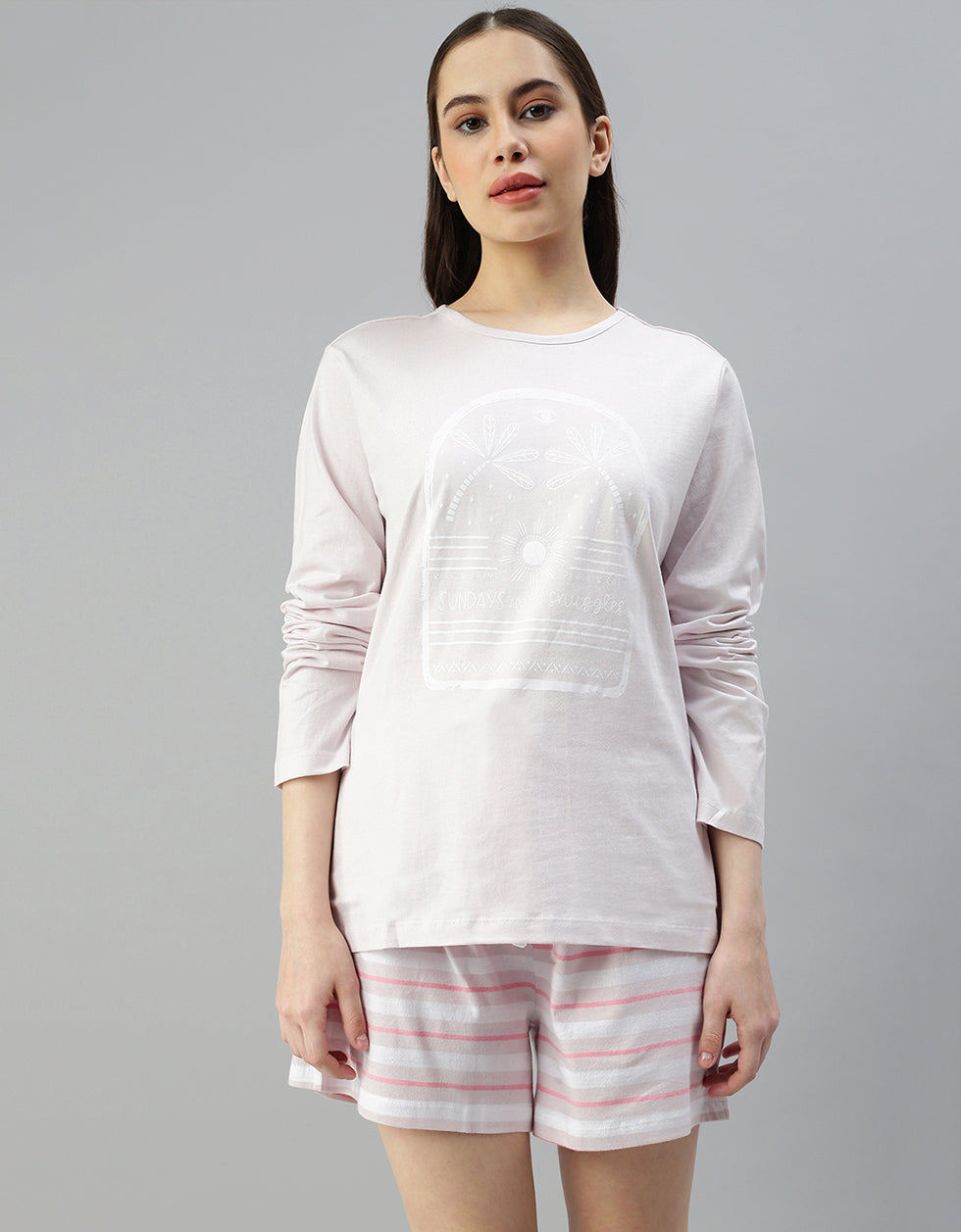 Sunday for Snuggles Lilac Printed Round Neck Top With Shorts Co-Ord Set