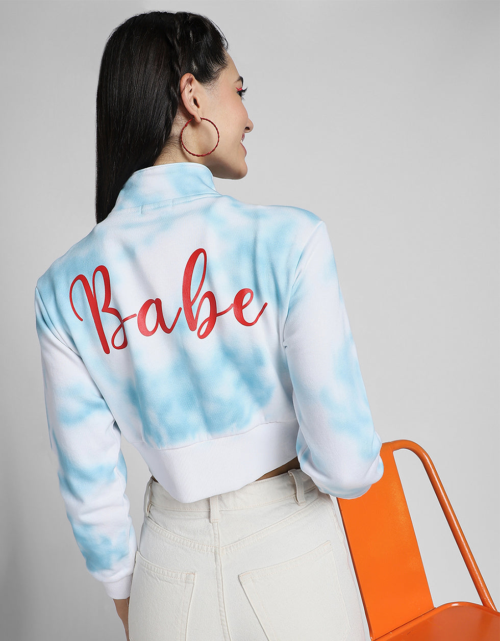 Babe Printed Tie-Dye Regular Fit White Zipper Crop Jacket