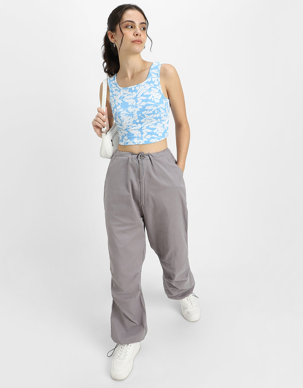 Blue Floral Printed Square Neck Cropped Tank Top