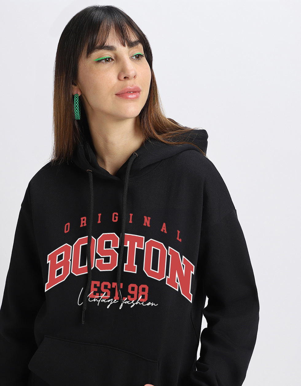 Boston Black Regular Fit Front Printed Hoodie