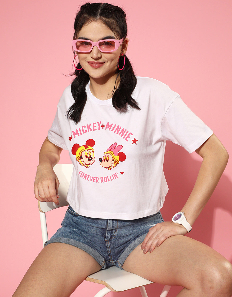 Mickey Minnie White Graphic Printed Crop-Top