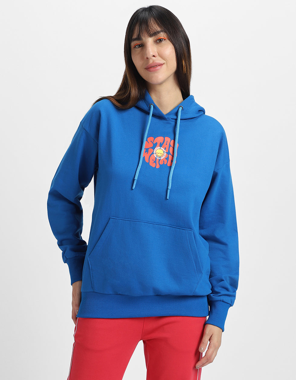 Stay Weird Blue Printed Oversized Hoodie