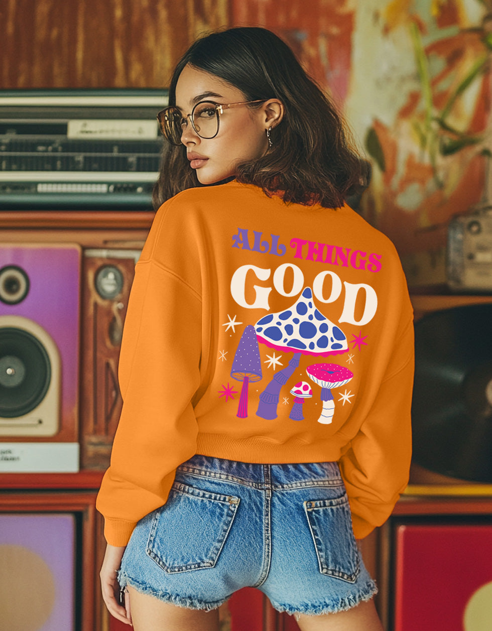 All Things Good Graphic Printed Oversized Orange Sweatshirt