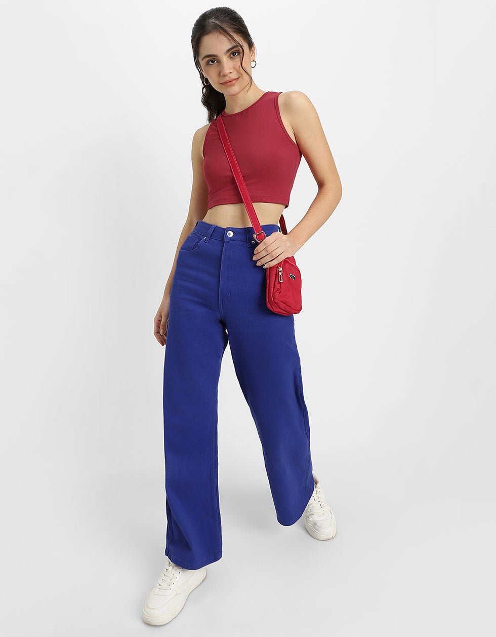 Viva Magenta Plain Round Neck Cropped Tank Top