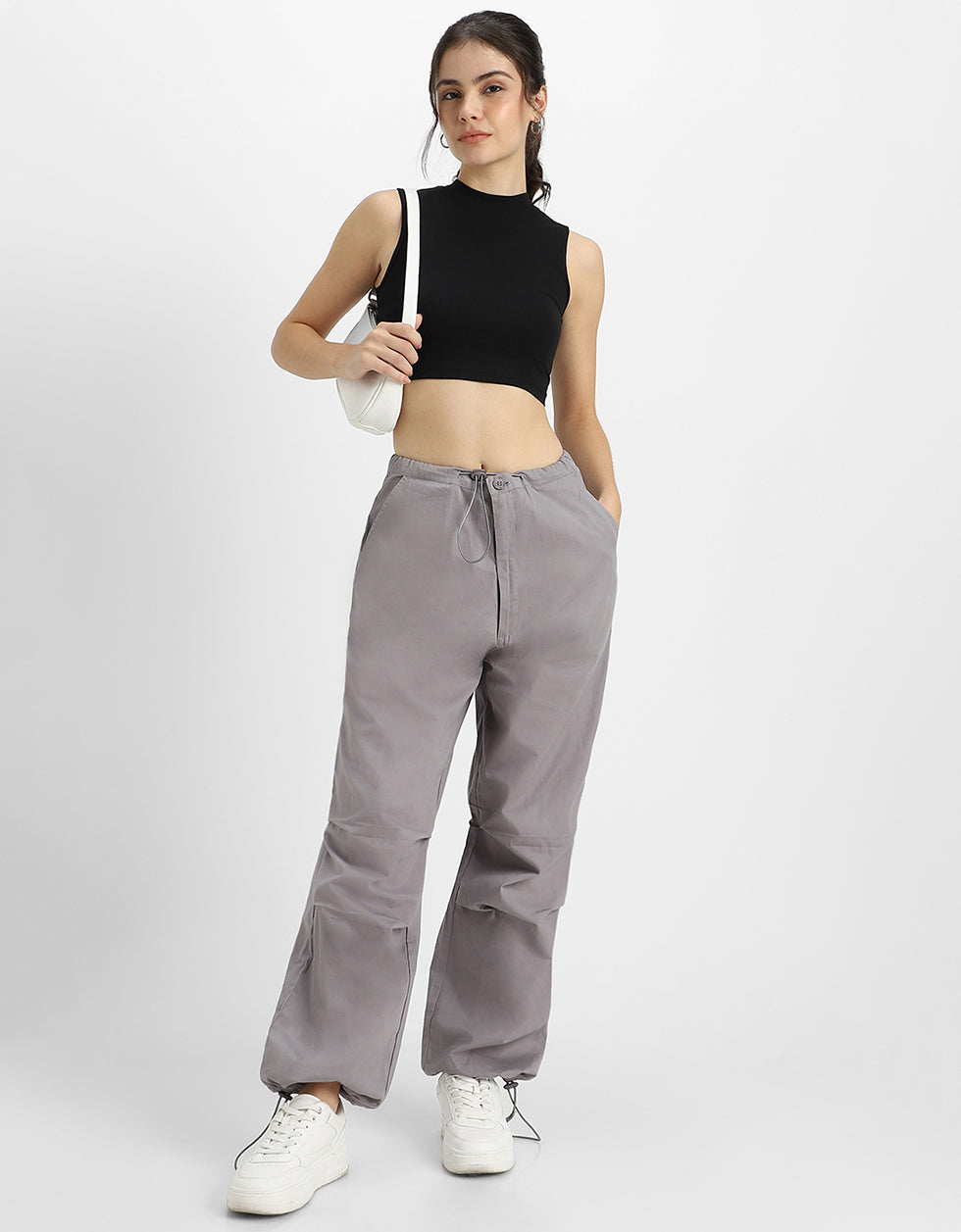 Black Solid High Neck Cropped Tank Top