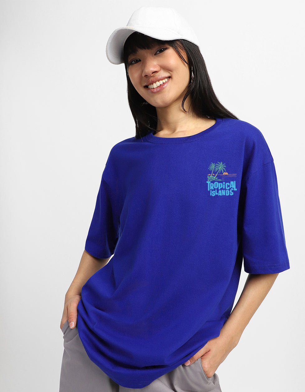 Tropical Island Royal Blue Oversized Fit Graphic T-Shirt