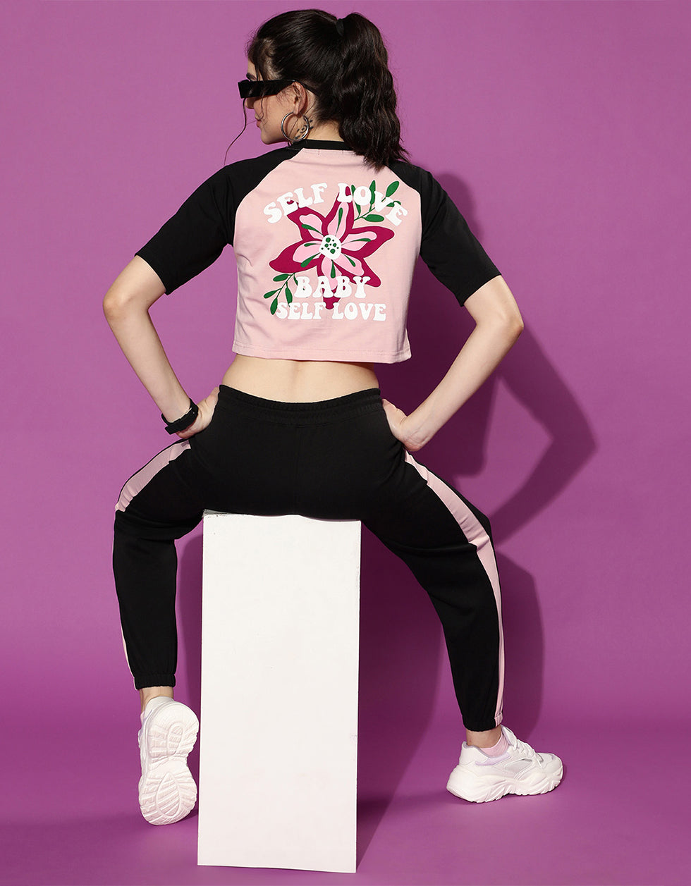 Pink and Black Back Printed V-Neck Crop Top With Trouser Co-Ords Set